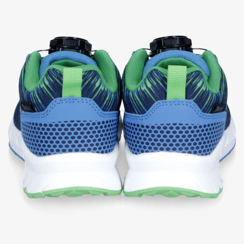Leichte und atmungsaktive Sportschuhe in Blau und Grün, stabile Dämpfung und rutschfeste Sohle sichtbar von hinten