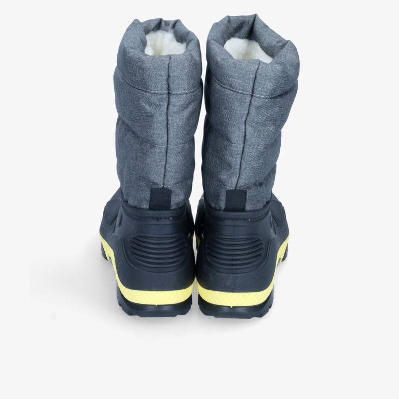 Robuster Winterstiefel mit hohem Schaft, warmer Isolierung und rutschfester Sohle, Rückansicht in Grau und Schwarz
