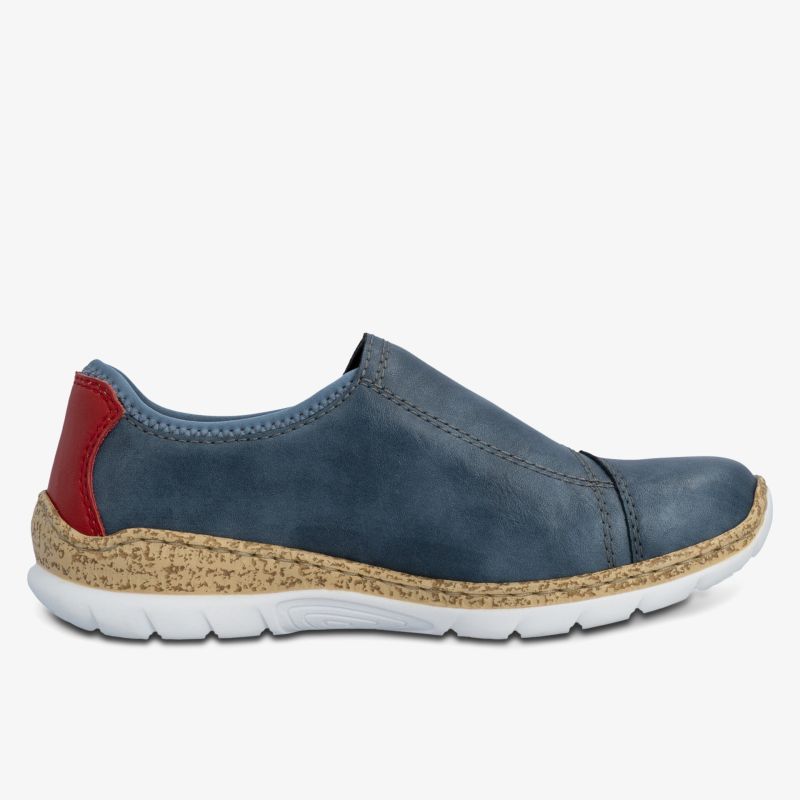 Bequemer blauer Sneaker mit rotem Fersenbereich und weißer profilierter Sohle, perfekte Passform