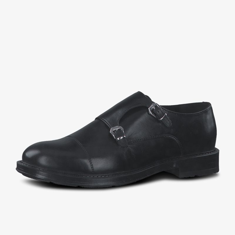 Eleganter schwarzer Doppelmonkstrap-Schuh aus Leder, ideal für formelle Anlässe und stilvolle Auftritte.