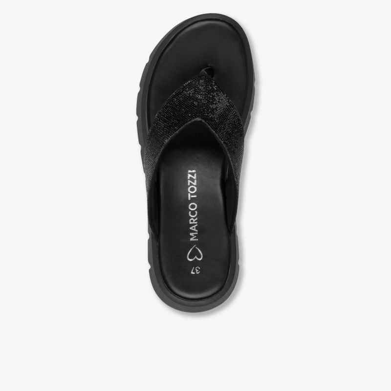 Bequeme schwarze Sandale mit gepolstertem Fußbett und rutschfester Sohle, ideal für den Alltag