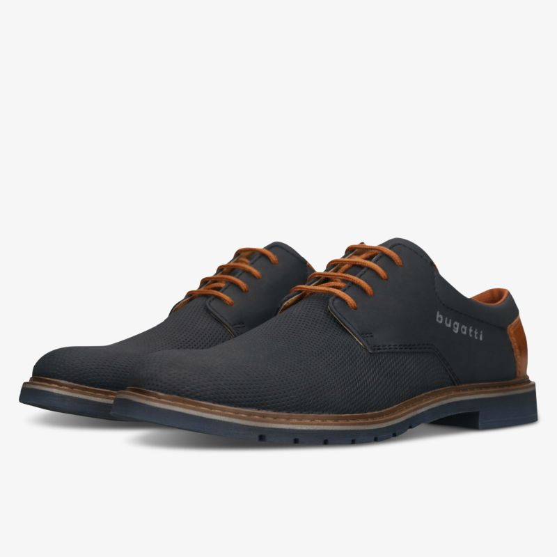 Elegante schwarze Schuhe mit braunen Details und robuster Sohle, komfortabel und klassisch.