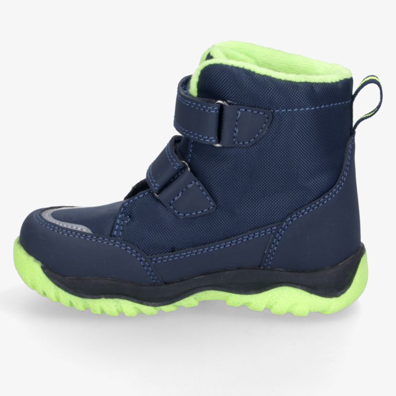 seitliche Ansicht eines blauen Winterstiefels mit Neon-Grün Sohle und praktischem Klettverschluss für guten Halt