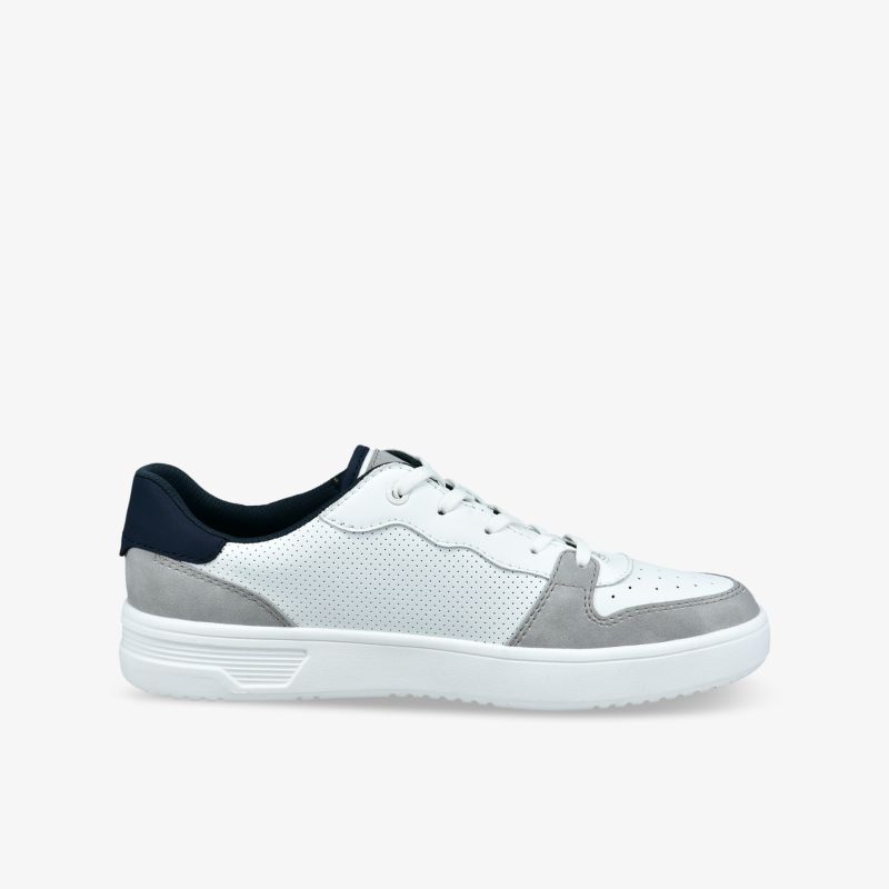 Moderner weißer Sneaker mit grauen Akzenten, leichte und atmungsaktive Oberfläche, seitliche Ansicht