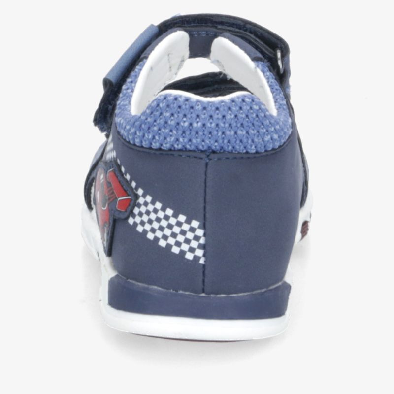 Rückansicht eines sportlichen, komfortablen blauen Schuhs mit rutschfester Sohle und robustem Material