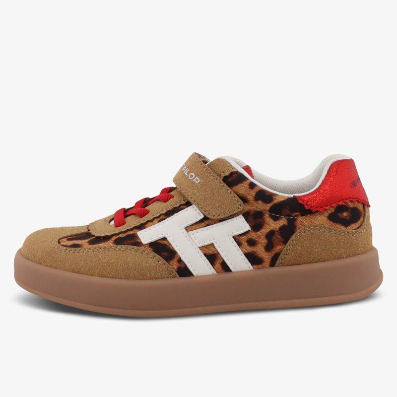 Bequemer brauner Sneaker mit Leopardenmuster, Klettverschluss und weißen Akzenten für einen stylischen Look