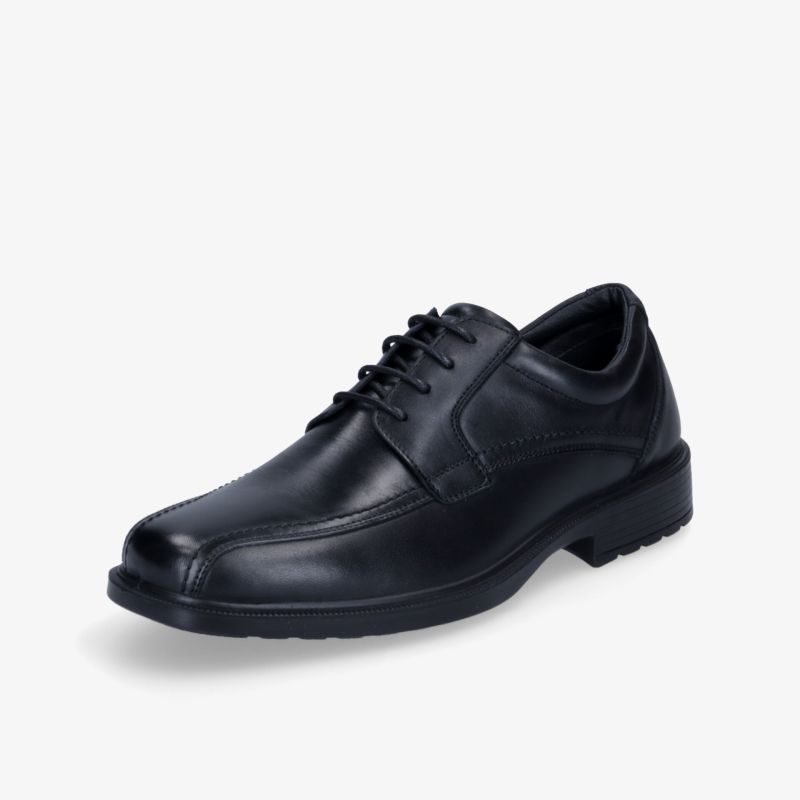 Eleganter schwarzer Lederschuh mit Schnürung und robuster Sohle, ideal für formelle Anlässe.
