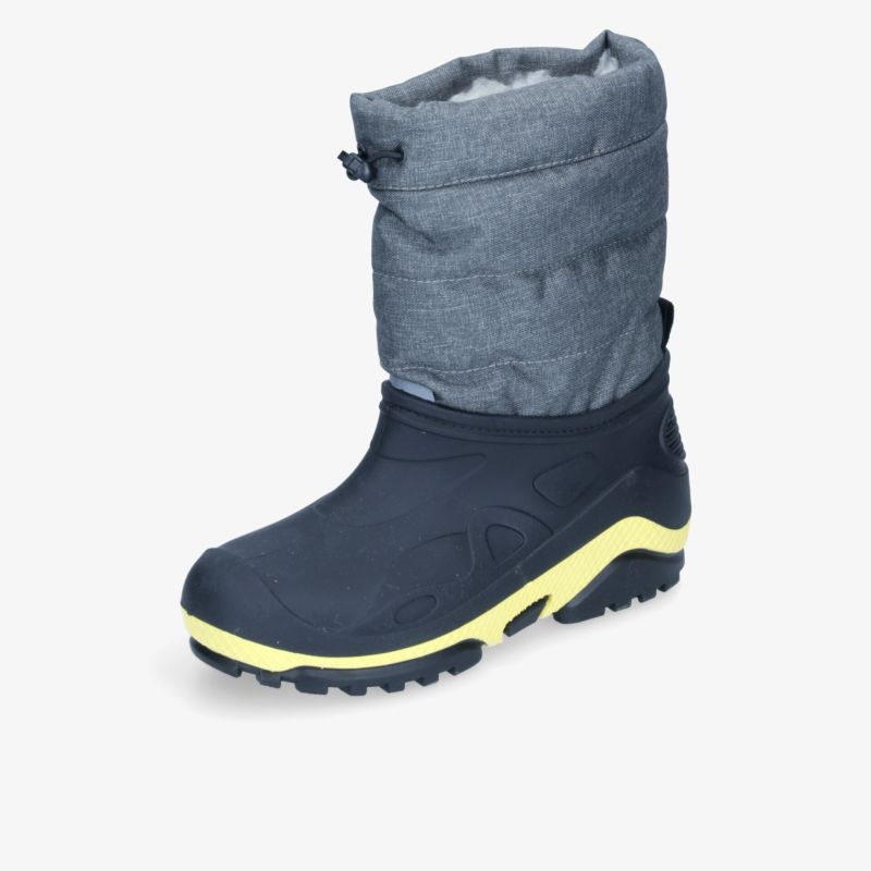 Robuster Winterstiefel in Grau und Schwarz mit gelber, rutschfester Sohle und warmem Innenfutter