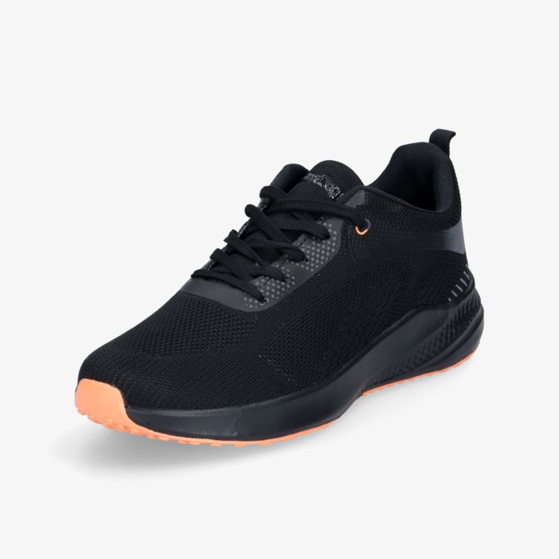 Leichter schwarzer Sneaker mit atmungsaktivem Material, komfortabler Passform und flexibler, rutschfester Sohle, schräg vorne