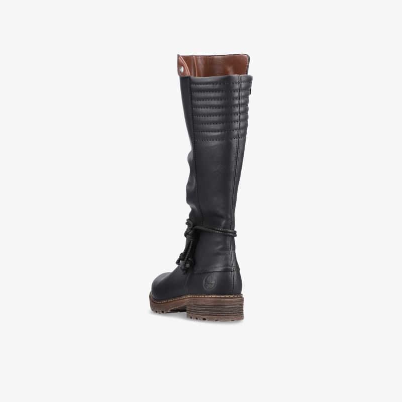 Modischer schwarzer Stiefel mit braunem Schaftabschluss, robuster Sohle und komfortabler Schnürung seitlich gezeigt