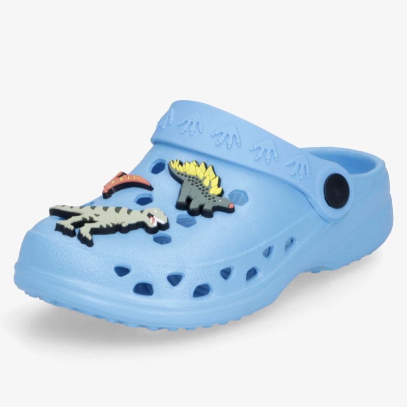 Blauer Kinderschuh mit bunten Dino-Details, leicht, atmungsaktiv und flexibel für aktiven Spielspaß