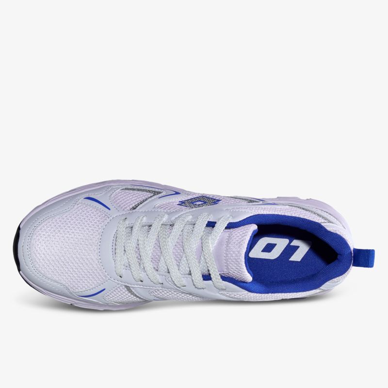 Moderner weiß-blauer Sportschuh mit atmungsaktivem Material und bequemer Passform.