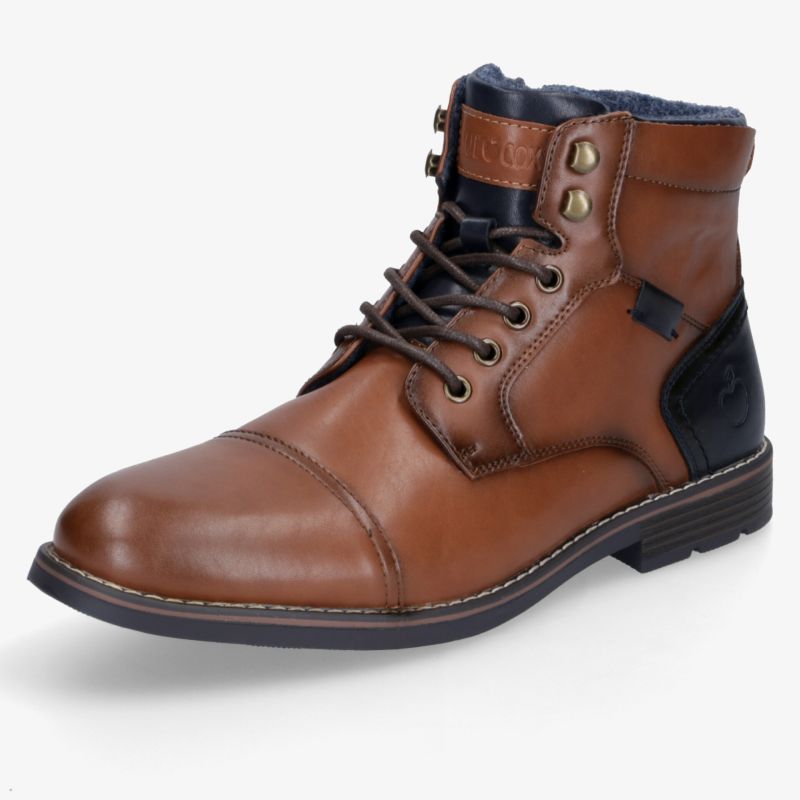 Modischer brauner Lederstiefel mit Schnürung und robustem Design, ideal für stilvolle Auftritte.