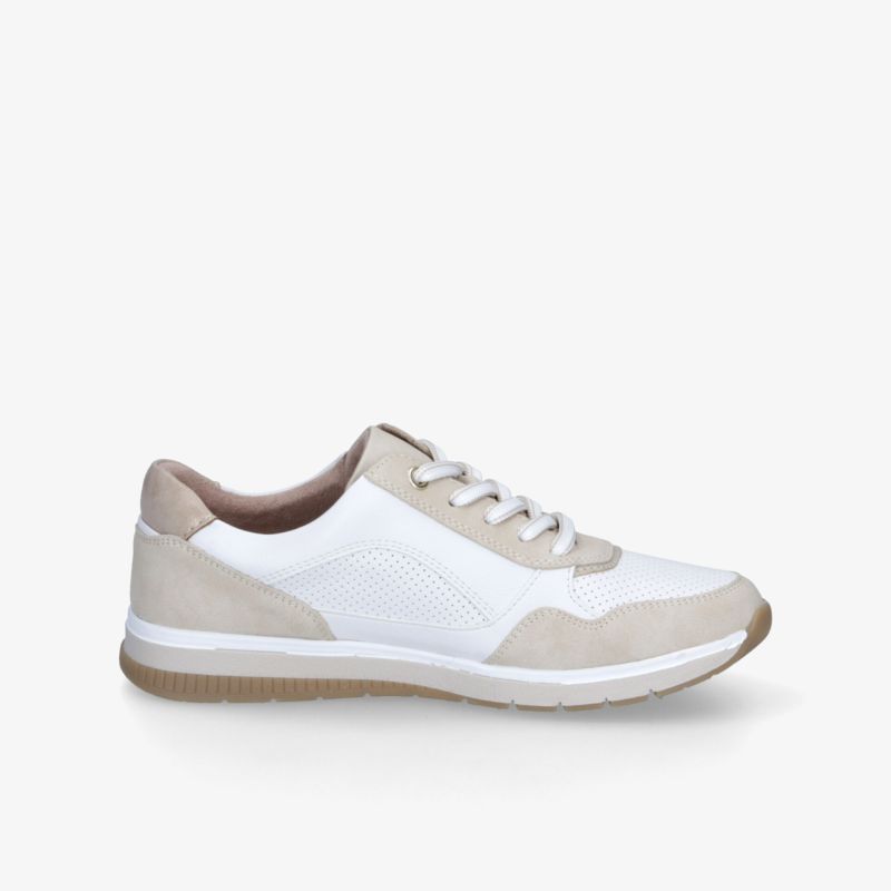 Seitenansicht moderner weiß-beiger Sneaker mit komfortablem, flexiblem und leichtem Design für sportlichen Alltag