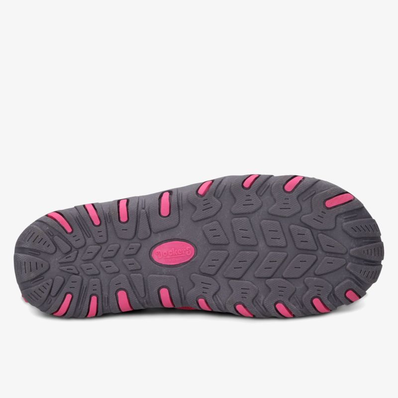 Robuste graue Schuhsohle mit pinken Profilabschnitten für optimale Traktion und Rutschfestigkeit