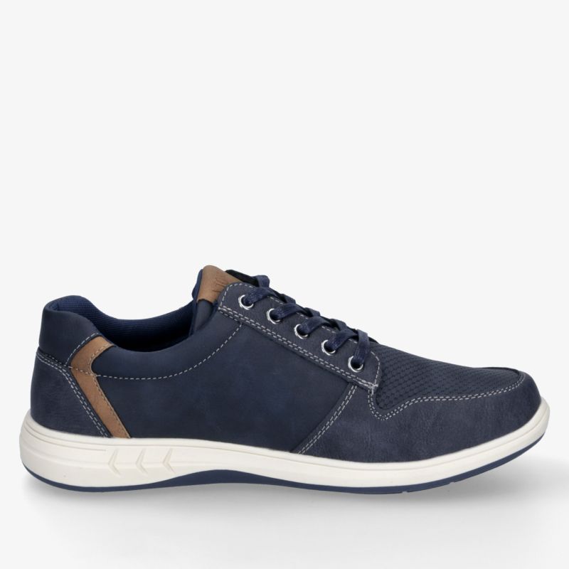 Blauer sportlich-eleganter Sneaker aus atmungsaktivem Material mit rutschfester und leichter Laufsohle seitlich gezeigt