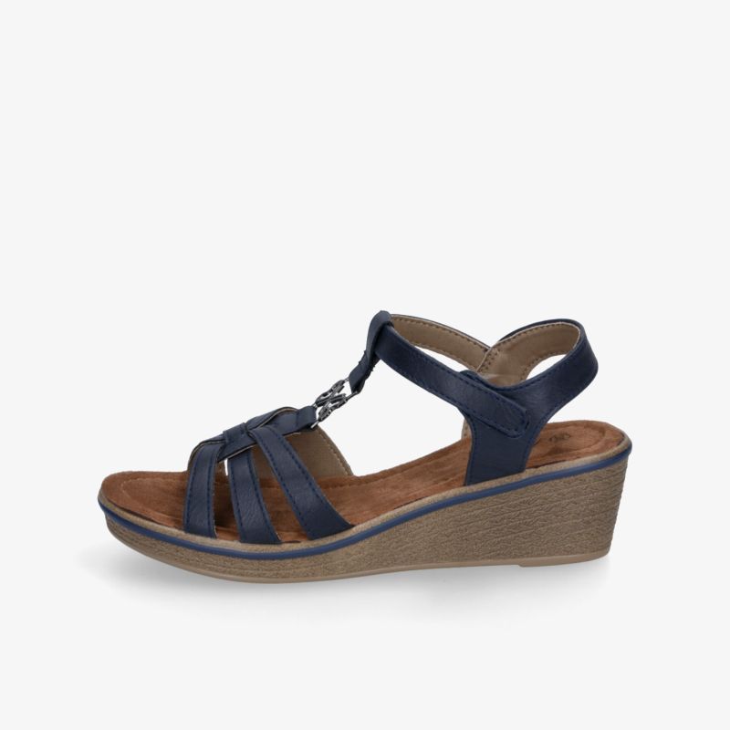 Komfortable blaue Keilsandalette mit verstellbaren Riemen und gepolsterter Innensohle für optimalen Halt und angenehmes Tragegefühl.