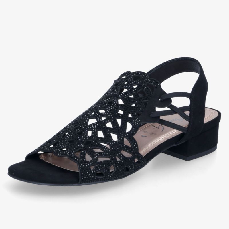 Eleganter schwarzer Sandalenschuh mit niedrigen Absatz, offener Zehenpartie und dekorativen Cut-outs für hohen Tragekomfort.