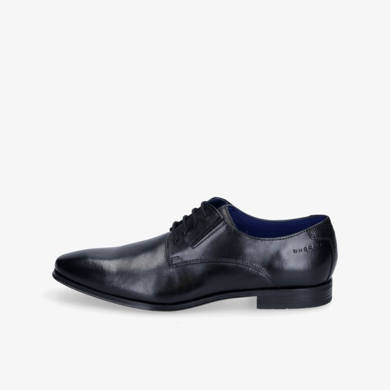 Eleganter schwarzer Lederschnürschuh mit klassischem Design und hochwertigen Details, seitlich gezeigt.