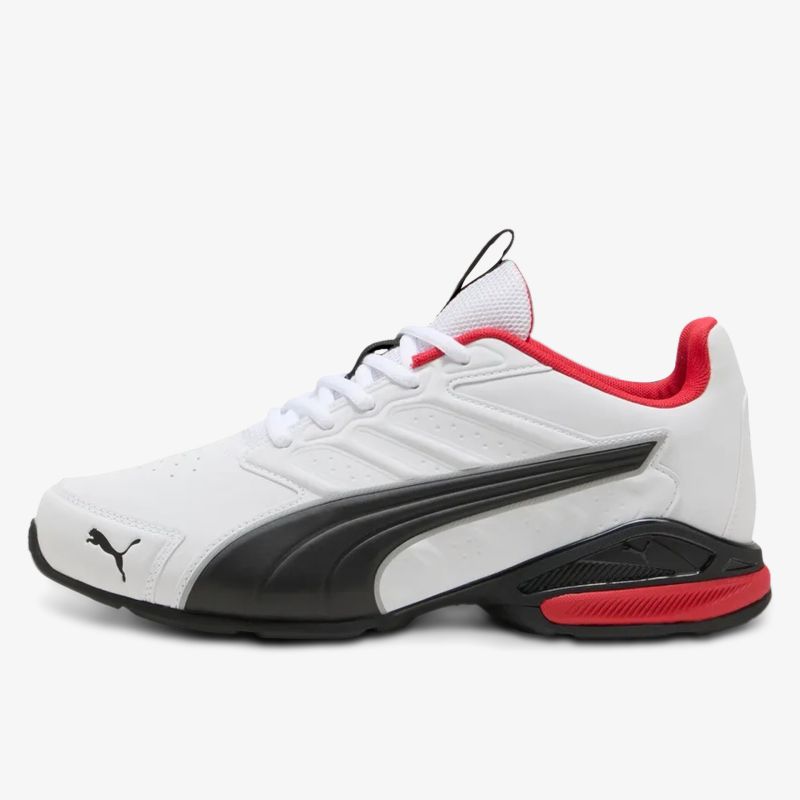 Weißer Puma Sportschuh mit rotem Innenfutter und schwarzem Seitenstreifen, sportlich und leicht