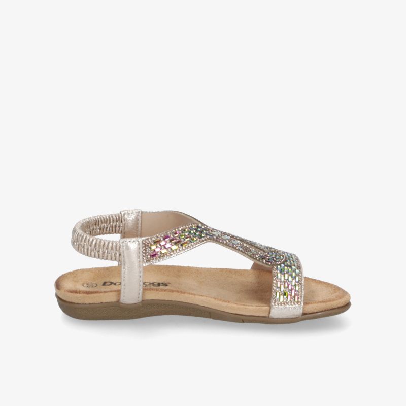 Elegante roségoldene Sandale mit funkelnden Verzierungen und bequemem Fußbett, seitliche Ansicht