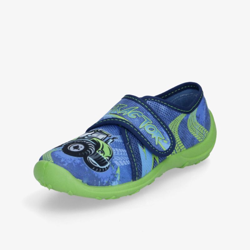 Leichter Kinderschuh in Blau und Grün mit flexiblem Verschluss und rutschfester Sohle für optimalen Halt