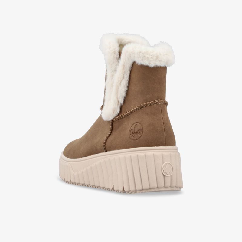 Warmer brauner Winterstiefel mit flauschigem Innenfutter und hoher stromlinienförmiger Sohle seitliche Ansicht