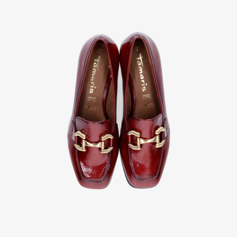 Bordeauxfarbene Lackleder-Loafer mit goldener Schnalle, eckiger Spitze, eleganter und modischer Alltagsschuh