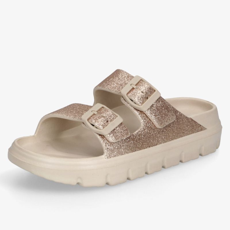 Bequeme Slide-Sandale in Beige mit verstellbaren Schnallen und rutschfester, leicht profilierter Sohle