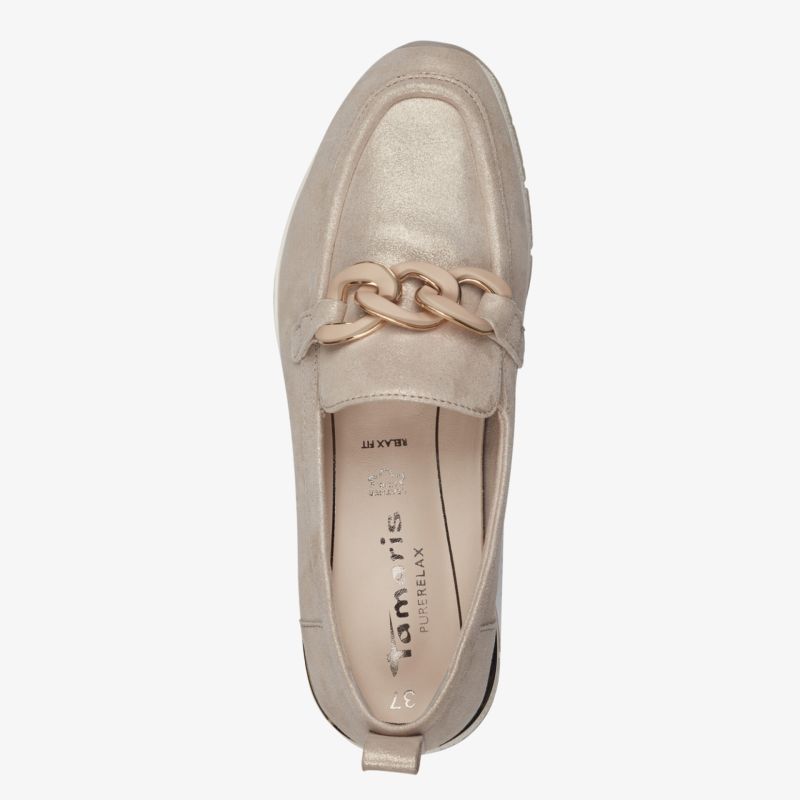 Eleganter Loafer mit metallic Glanz und modischer Kettendetail, bequem und leicht im Tragekomfort