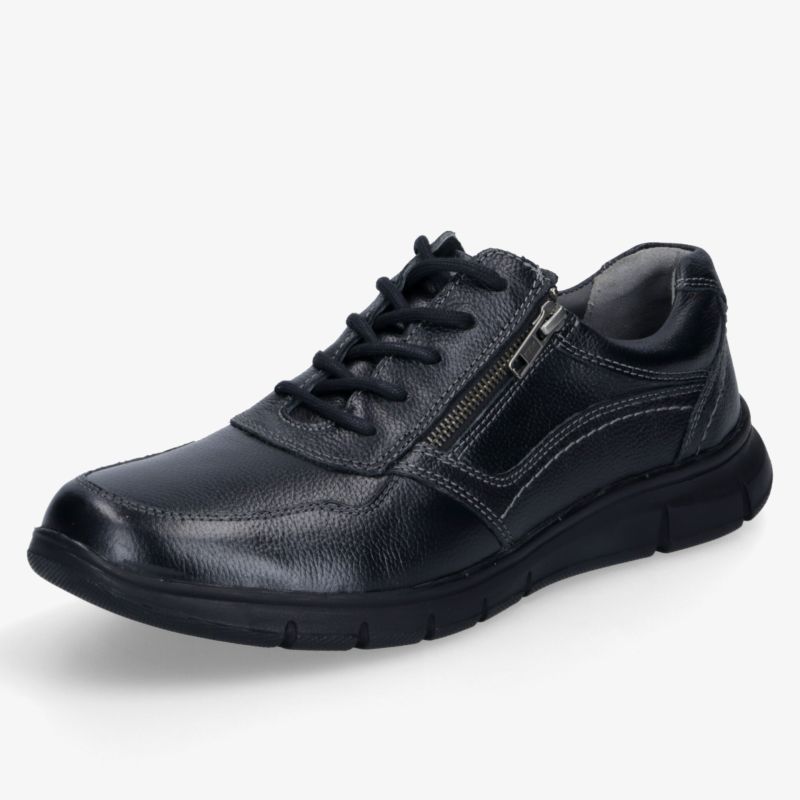 Eleganter schwarzer Lederschuh seitliche Ansicht mit Reißverschluss und bequemer robuster Sohle