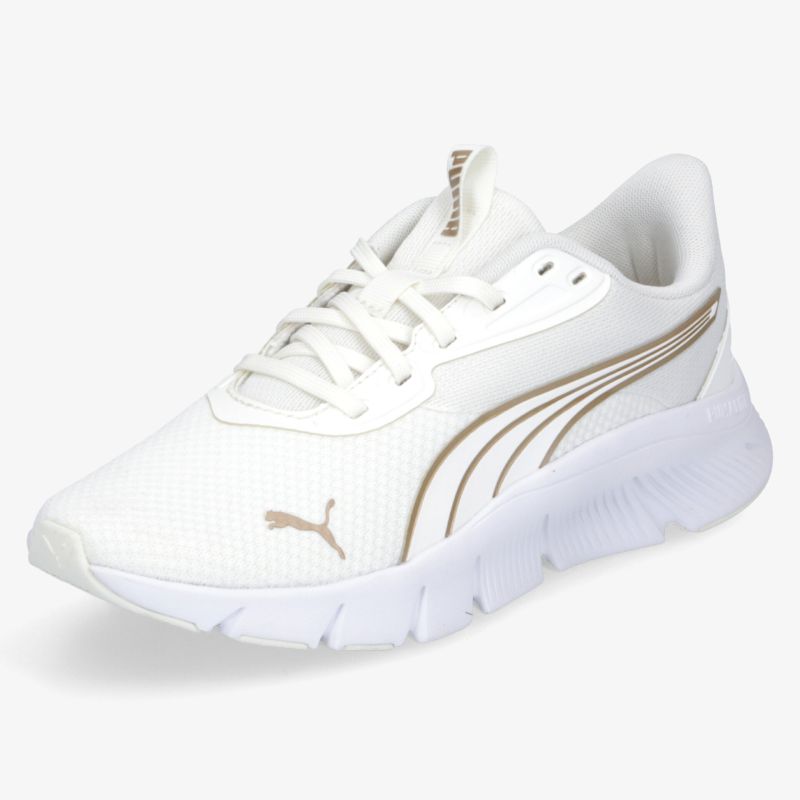 Moderner weißer Sneaker mit goldenen Akzenten, atmungsaktivem Material und rutschfestem Design für maximalen Komfort.