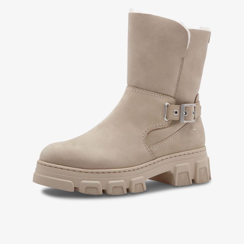 Beiger warmer Stiefel mit robuster rutschfester Sohle und modischem Schnallenverschluss für komfortablen Halt