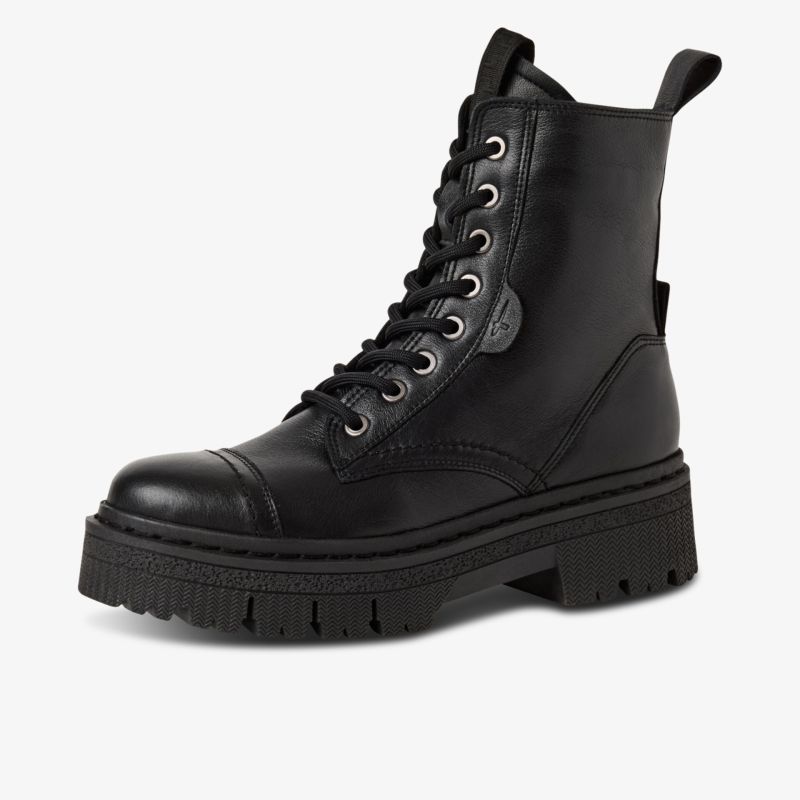 Robuster schwarzer Stiefel mit dicker Sohle und klassischer Schnürung, modisch und bequem