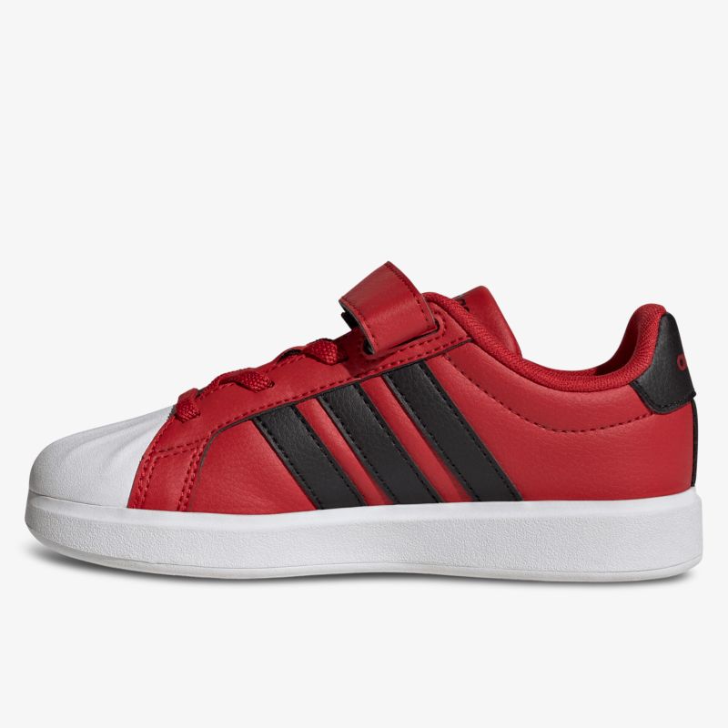 Roter Sneaker mit schwarzem Streifen und weißer Gummisohle, bequemer Klettverschluss für einfache Handhabung