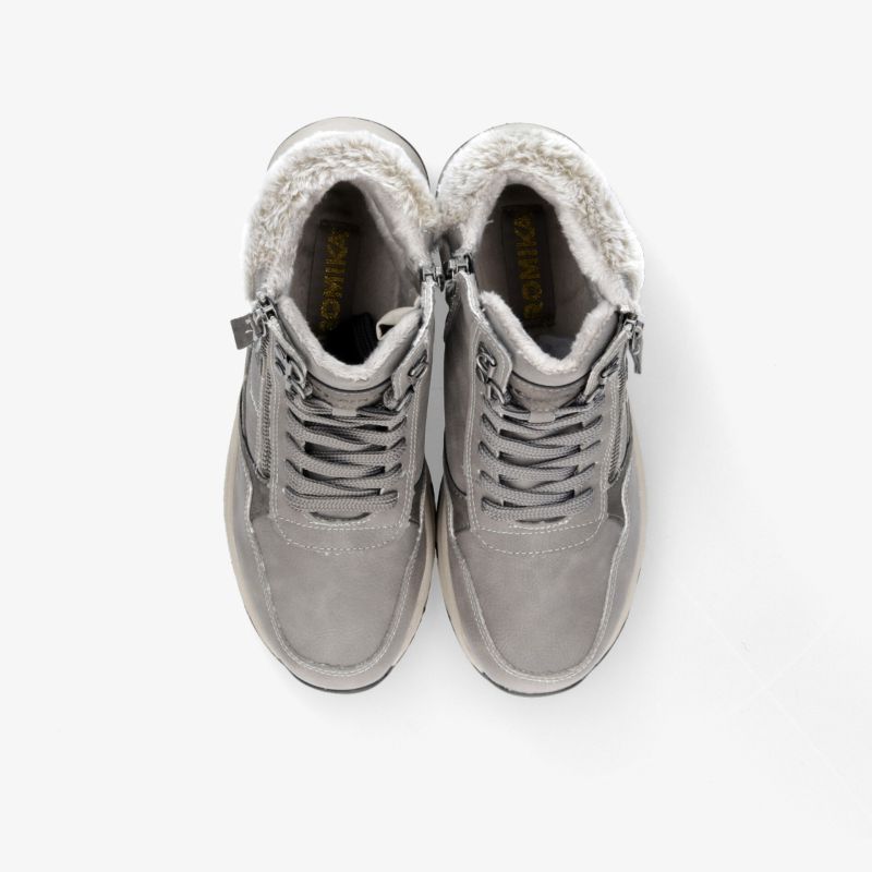 Graue Schuhe mit warmem Fellfutter, stabiler Schnürung und rutschfester Sohle, perfekte Kombination aus Komfort und Schutz