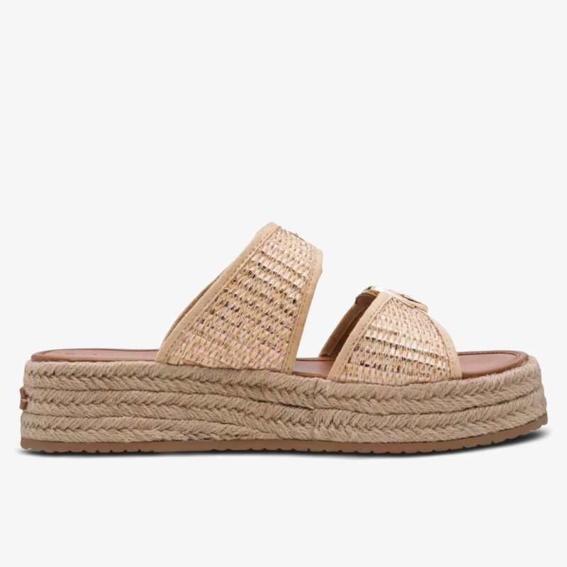 Seitenansicht eines bequemen Sandals mit geflochtenem Obermaterial und dicker Espadrille-Plateau-Sohle