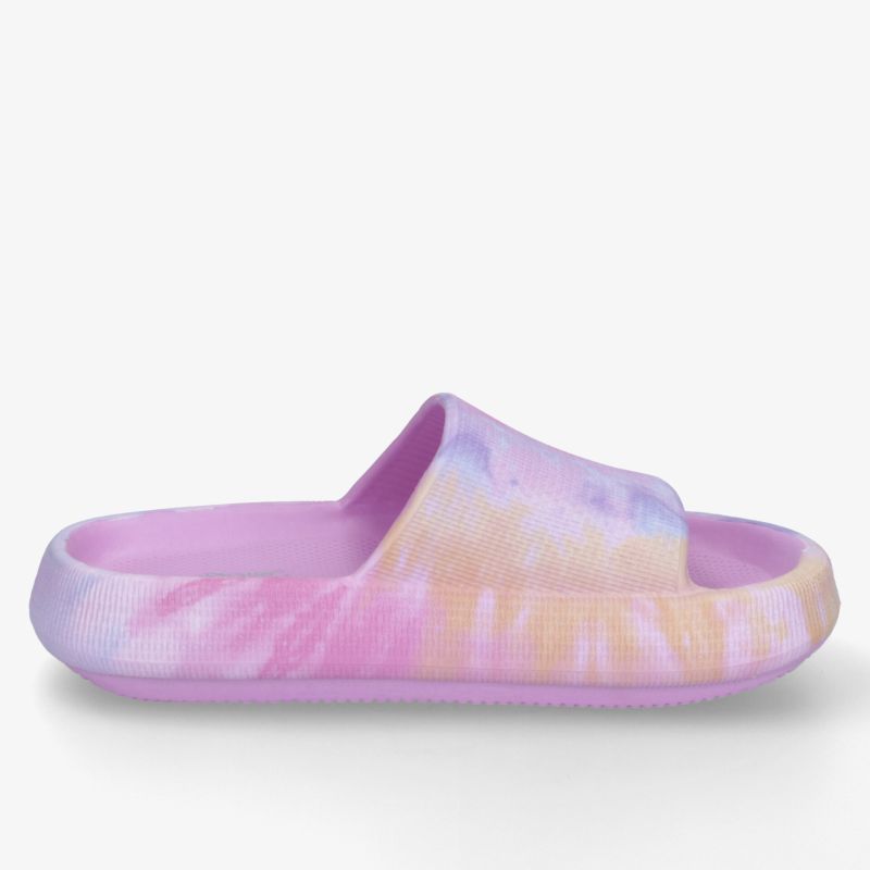 Bequemer bunter Slipper mit weicher, leichter Sohle und modischem Pastell-Farbverlauf seitlich abgebildet