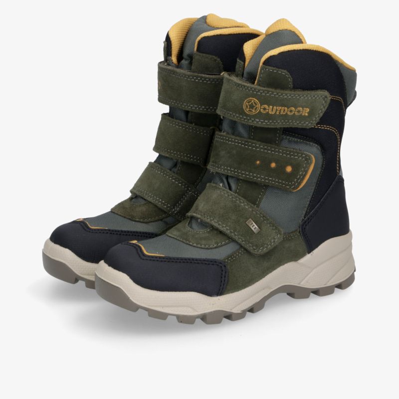 Robuste Winterstiefel mit Klettverschluss, ideal für Outdoor-Aktivitäten. Rutschfeste Sohle und warme Polsterung.