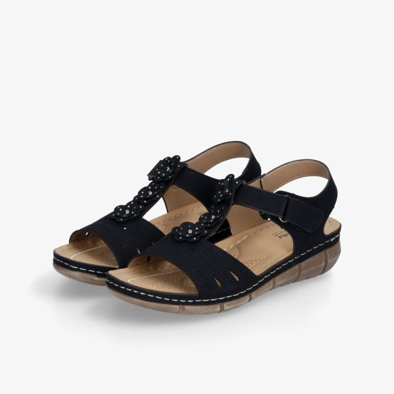 Bequeme schwarze Sandale mit Verstellriemen und gepolstertem Fußbett, ideal für langen Tragekomfort