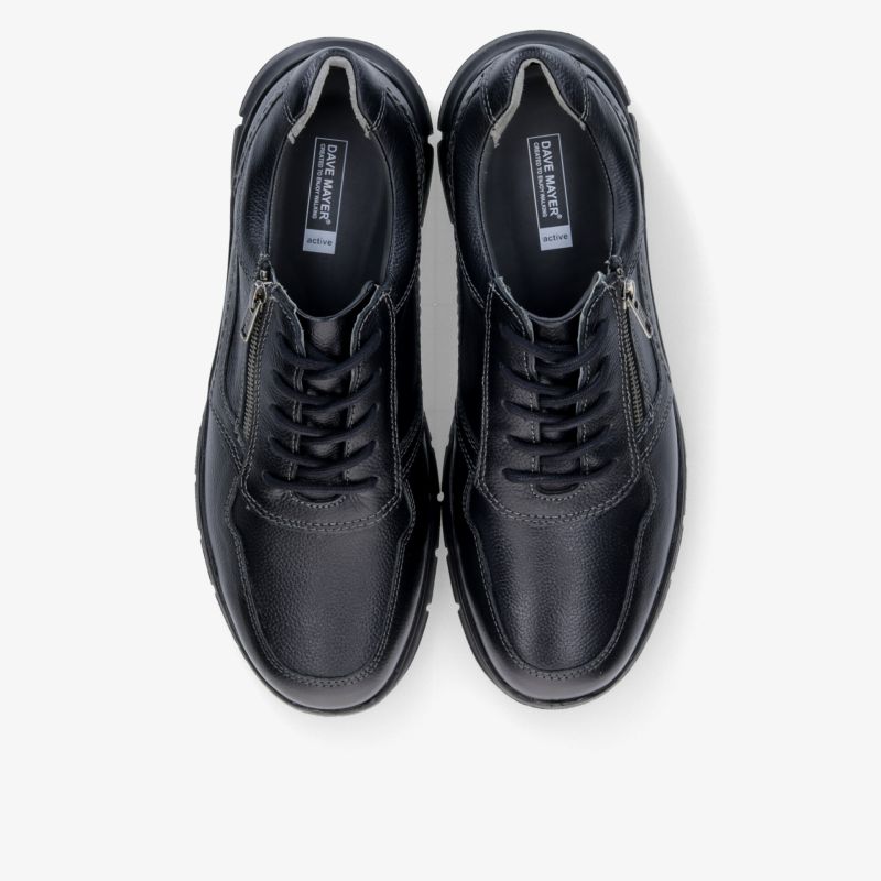 Elegantes Paar schwarze Lederschuhe mit Schnürsenkeln, bequem und langlebig, in Draufsicht abgebildet