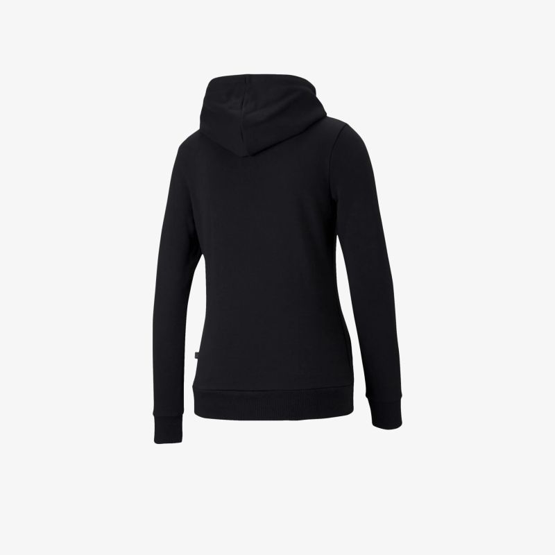 Schwarzer Kapuzenpullover in Rückansicht mit Kapuze, elastischen Bündchen und komfortablem, langem Schnitt