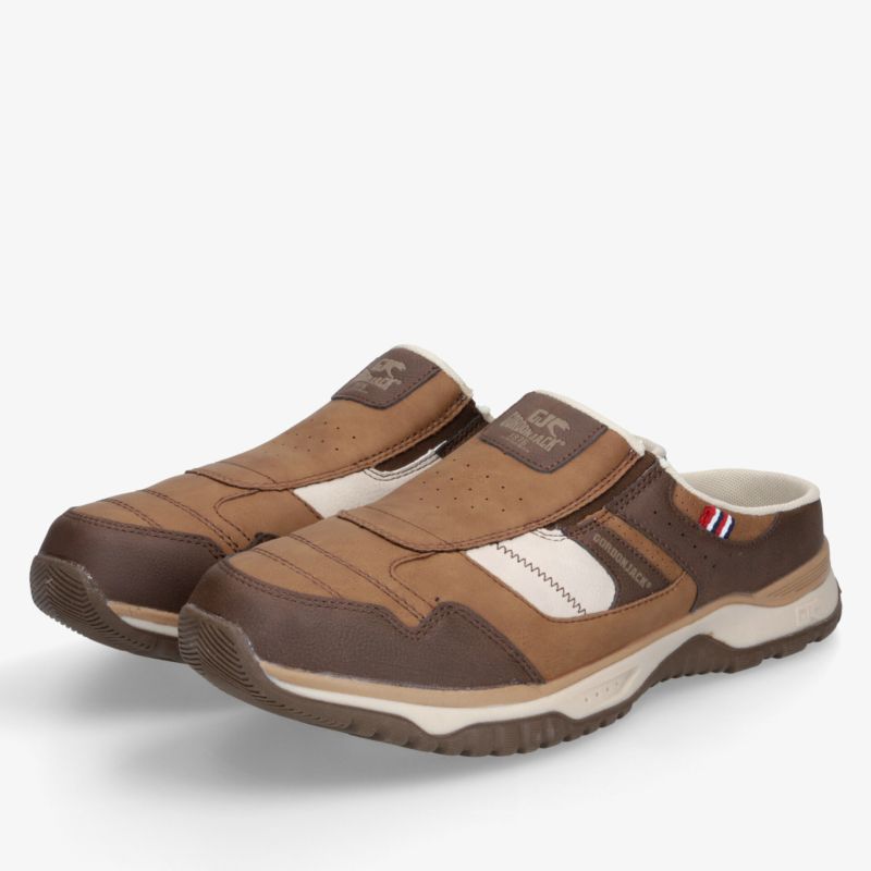 Bequeme braune Clogs aus robustem Material mit gepolsterter Innensohle und rutschfester Profilsohle