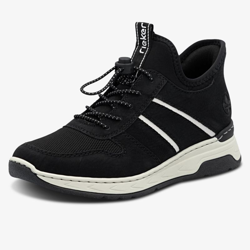 schwarzer leichter Sneaker mit weißer Sohle und praktischem Schnürverschluss, sportlich und bequem