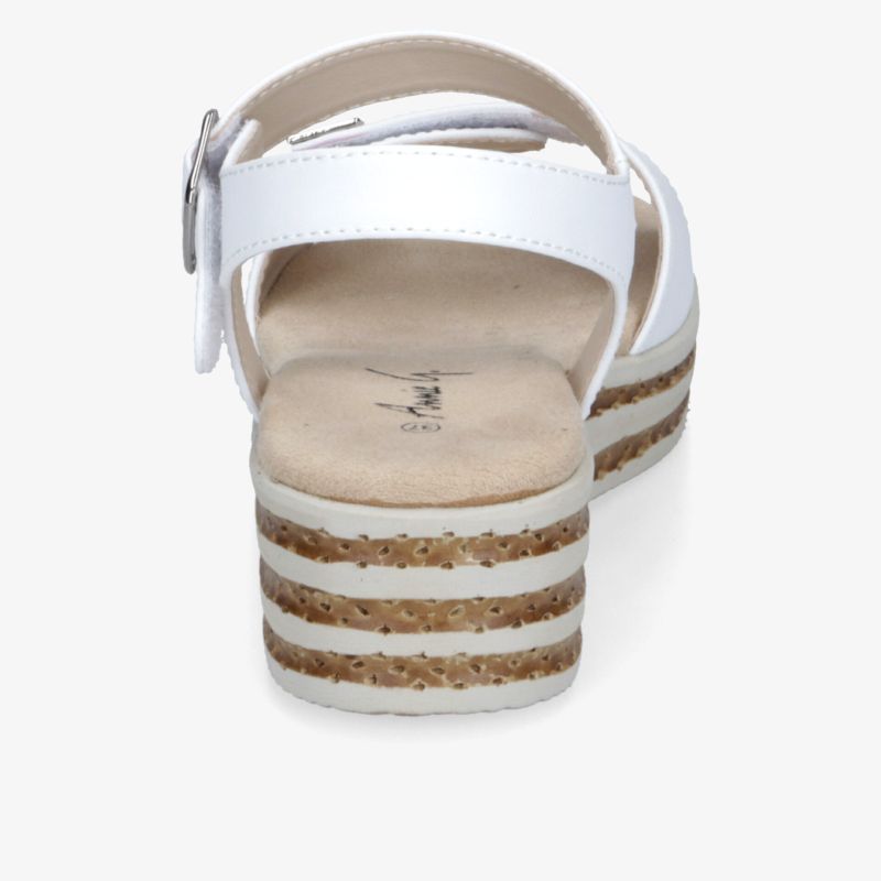 Elegante weiße Sandalen mit modernem Keilabsatz und verstellbarem Riemen für bequemen Halt.