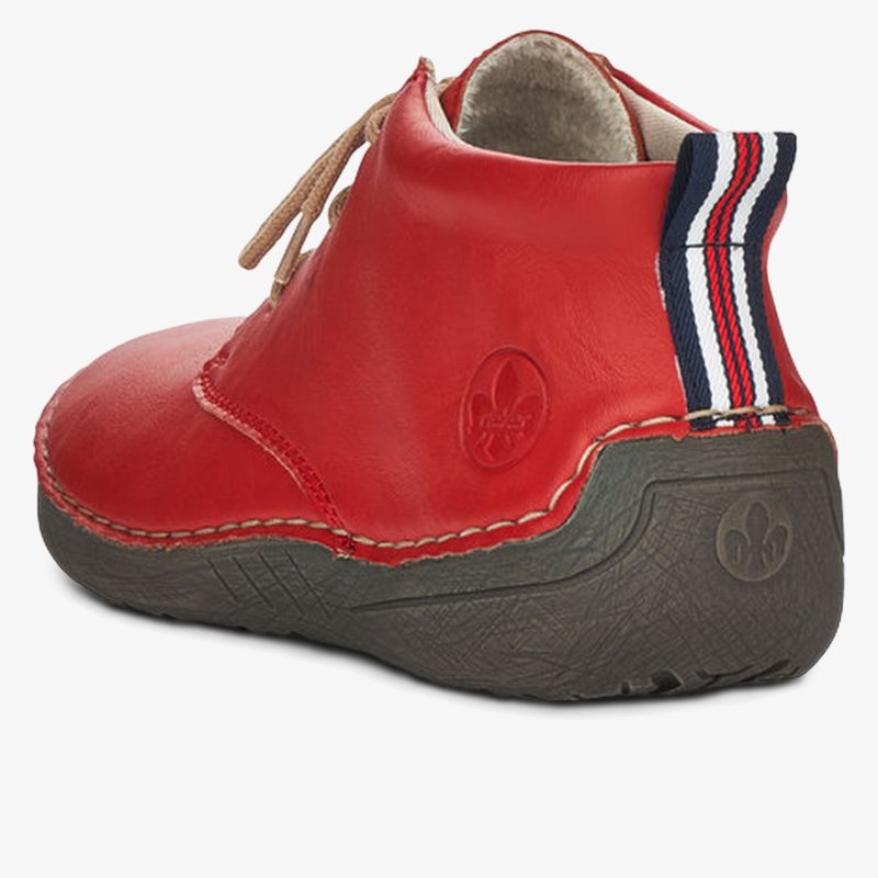 Roter Kinderhalbschuh aus Leder mit robuster brauner Sohle und gepolstertem Einstieg, seitliche Ansicht