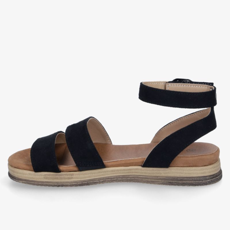 Elegante schwarze Sandale mit verstellbarem Riemen und gepolsterter Sohle für optimalen Tragekomfort.