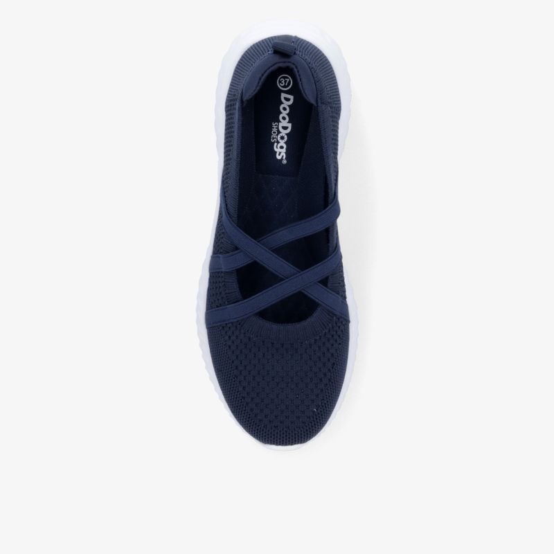 Moderner Slip-On-Schuh in Dunkelblau mit überkreuzten Riemen und bequemer Sohle aus leichtem Material