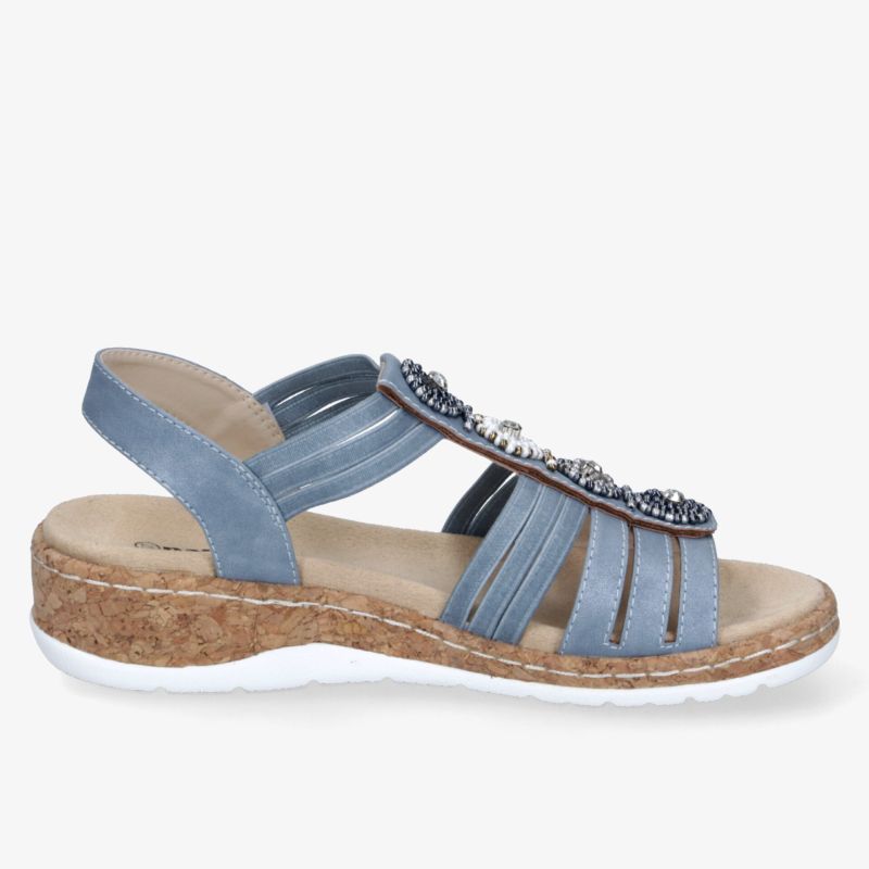 Blaue Sandale mit Schmuckdetails und bequemer Korksohle. Ideal für stilvolle Sommertage.