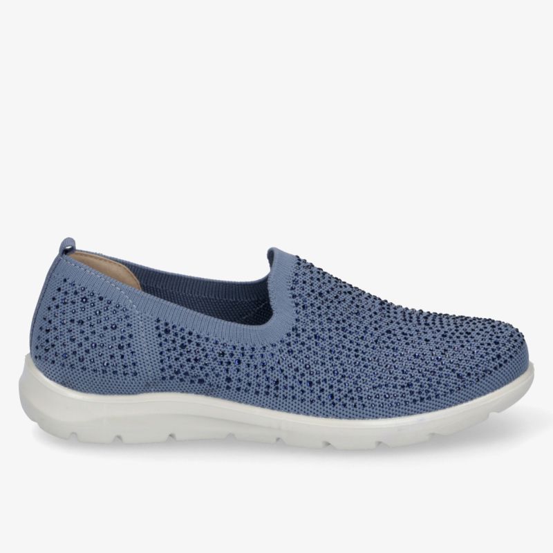 Moderner, atmungsaktiver blauer Schuh mit flexiblem, rutschfestem weißen Profil.